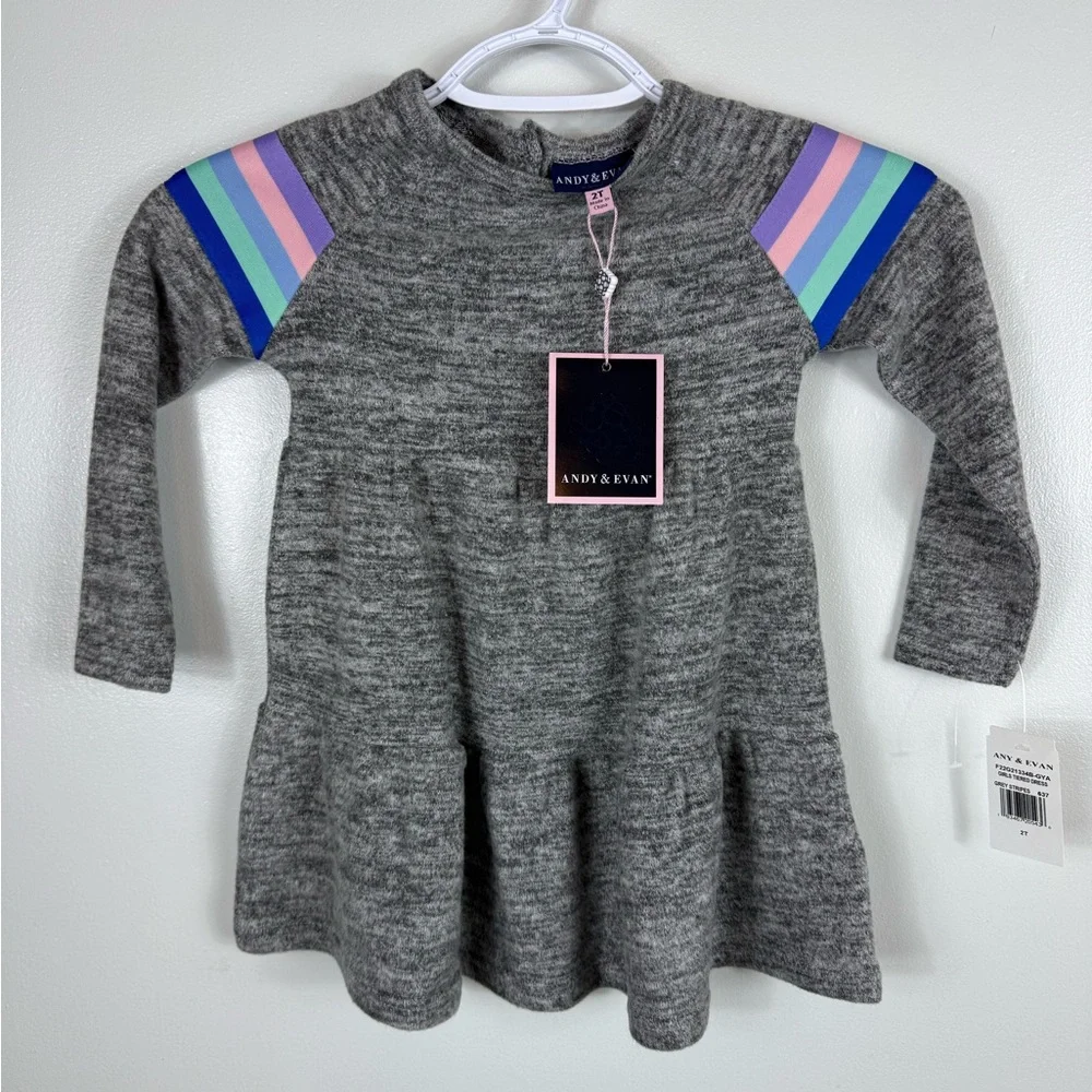 Andy & Evan Toddler Girls Tiered Dress Grey Stripes Size 2T Long Sleeve NWT Soft